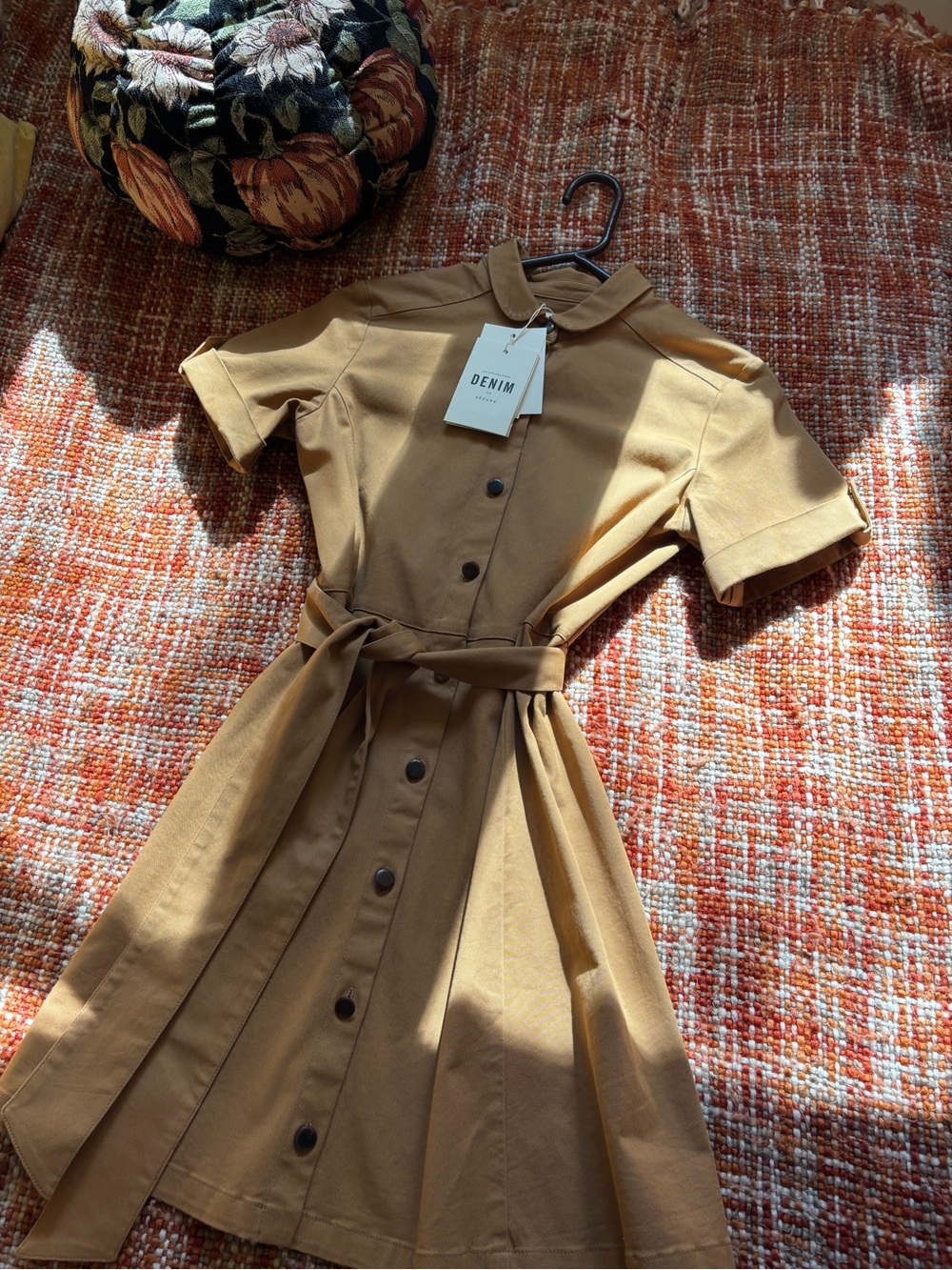 Denim Short-Sleeve Shirt Dress in Camel